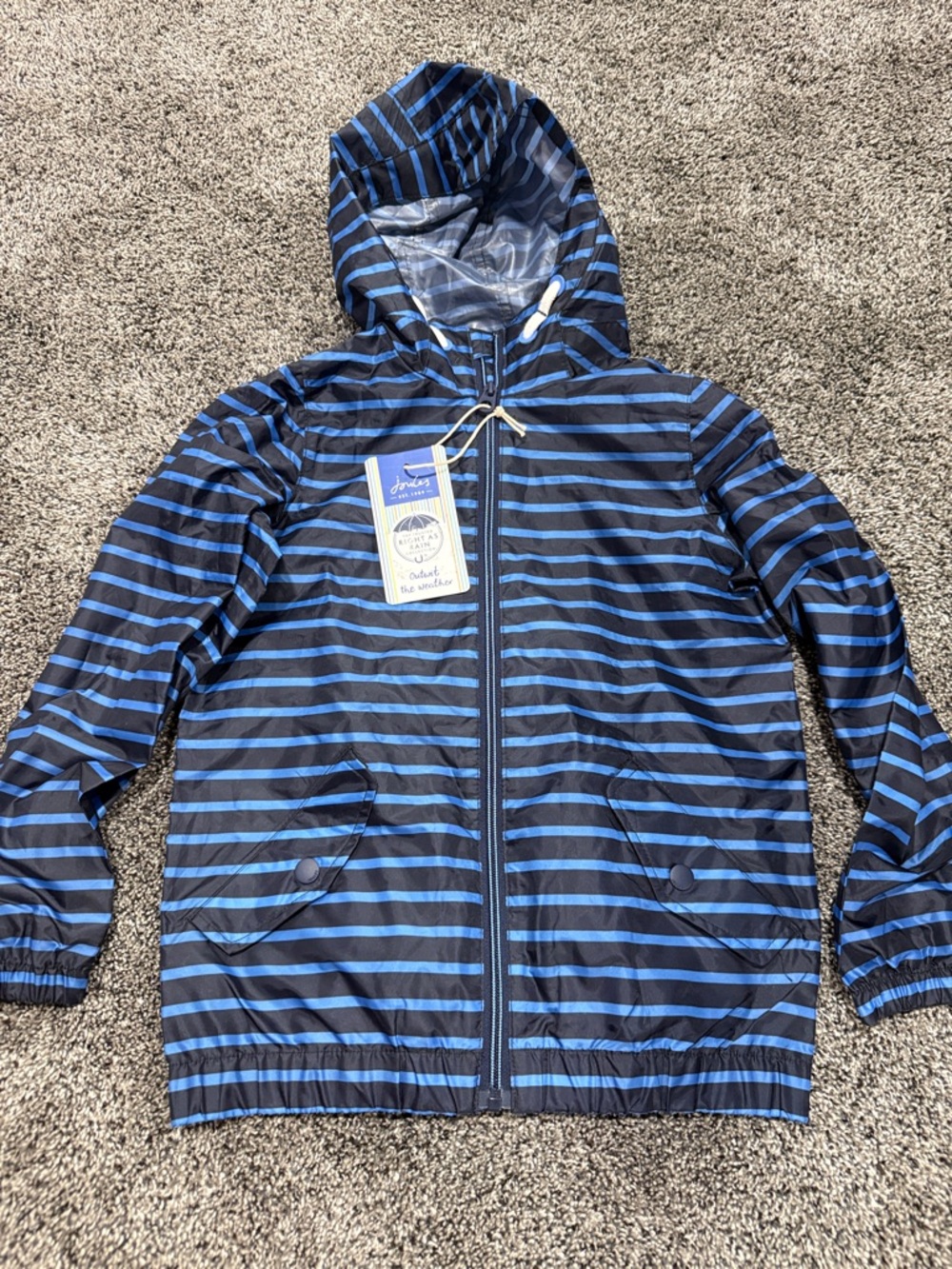 Joules Navy Blue Striped Raincoat for kids. NWT